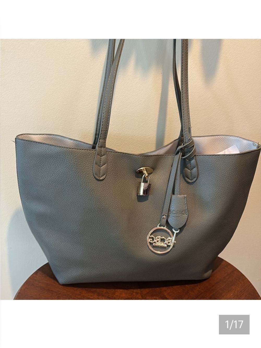 BCBG Tote  reversible  pebbled leather sage/cream  gold tone HW
Lock & key  NWOT